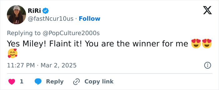 Tweet supporting Miley Cyrus with emojis, text praising her Oscars 2025 look. Tweet supporting Miley Cyrus with emojis, text praising her Oscars 2025 look.