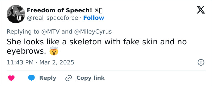 Twitter comment criticizing Miley Cyrus's bleached eyebrows at Oscars 2025. Twitter comment criticizing Miley Cyrus's bleached eyebrows at Oscars 2025.