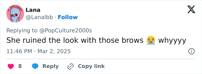 Tweet about Miley Cyrus with bleached eyebrows at Oscars 2025, expressing disapproval. Tweet about Miley Cyrus with bleached eyebrows at Oscars 2025, expressing disapproval.