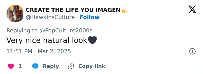 Tweet about Miley Cyrus's look at Oscars 2025 with a comment saying "Very nice natural look" and a black heart emoji. Tweet about Miley Cyrus's look at Oscars 2025 with a comment saying "Very nice natural look" and a black heart emoji.