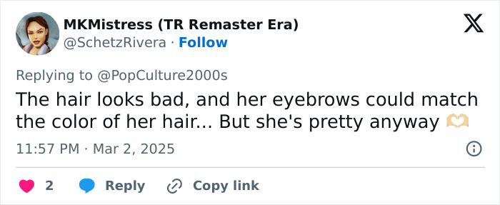 Tweet about Miley Cyrus, commenting on her bleached eyebrows, posted by MKMistress with engagement icons. Tweet about Miley Cyrus, commenting on her bleached eyebrows, posted by MKMistress with engagement icons.