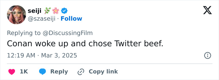 Tweet reacting to Conan O'Brien's controversial Oscars jokes with humor, referencing a "Twitter beef.