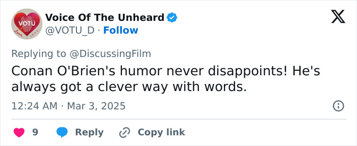 Tweet praising Conan O'Brien's clever humor and wordplay.