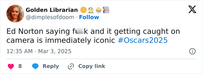 Tweet about Edward Norton's reaction during the Oscars, using playful emojis and the hashtag #Oscars2025.