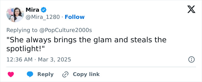 Tweet from user Mira commenting on Miley Cyrus at Oscars 2025. Tweet from user Mira commenting on Miley Cyrus at Oscars 2025.