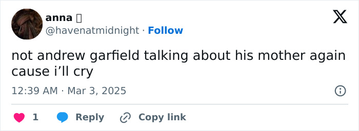Tweet mentioning Andrew Garfield discussing his mother, expressing emotional impact.