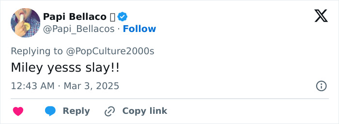 Tweet reaction to Miley Cyrus's look at Oscars 2025: "Miley yesss slay!! Tweet reaction to Miley Cyrus's look at Oscars 2025: "Miley yesss slay!!