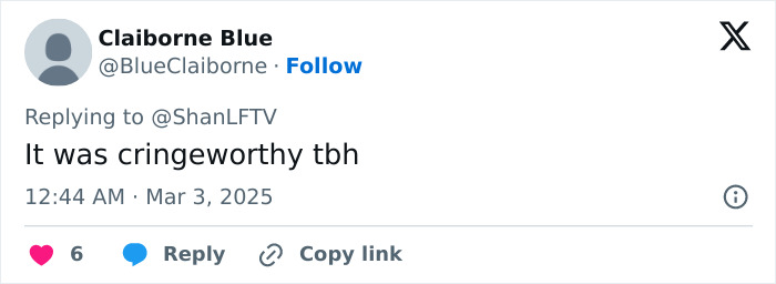 Tweet by Claiborne Blue, expressing a critical opinion, timestamped March 3, 2025, with engagement icons.