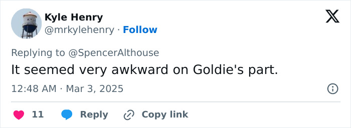 Social media post discussing Andrew Garfield thanking Goldie Hawn at Oscars.