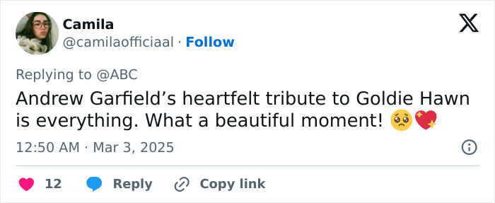 Andrew Garfield thanks Goldie Hawn, heartfelt tribute brings tears, captured in a tweet screenshot.