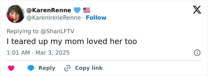 Tweet by Karen Renne expressing emotion, referencing a comforting gesture to her mom.