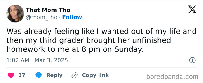 Tweet from a parent about third grader's unfinished homework on Sunday, capturing relatable parenting humor.