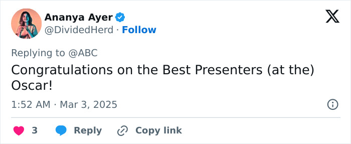 Tweet congratulating Oscar presenters, related to Andrew Garfield's emotional moment with Goldie Hawn.