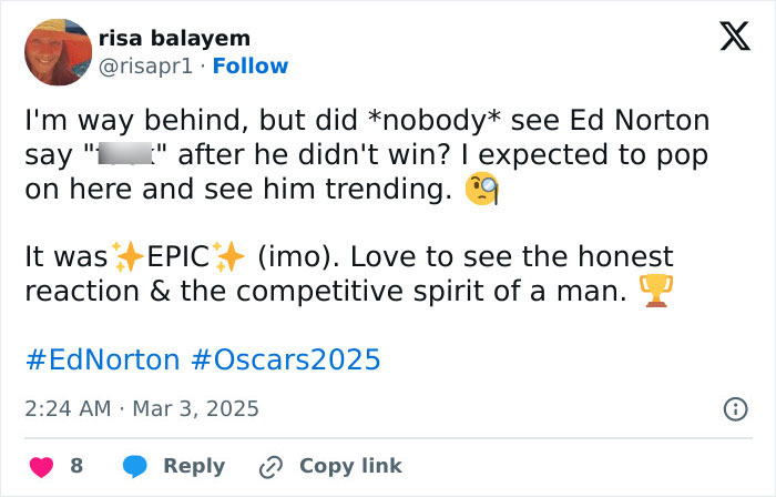 Tweet discussing Edward Norton's reaction to losing an Oscar, mentioning his competitive spirit.