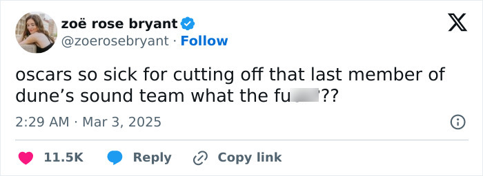 Tweet criticizing Oscars for cutting off a speech, showing public reaction to the incident.