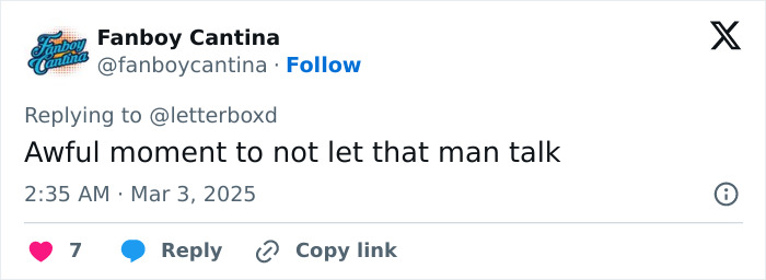 Tweet criticizing an Oscars moment related to Miley Cyrus, mentioning an awful situation where a winner was cut off.