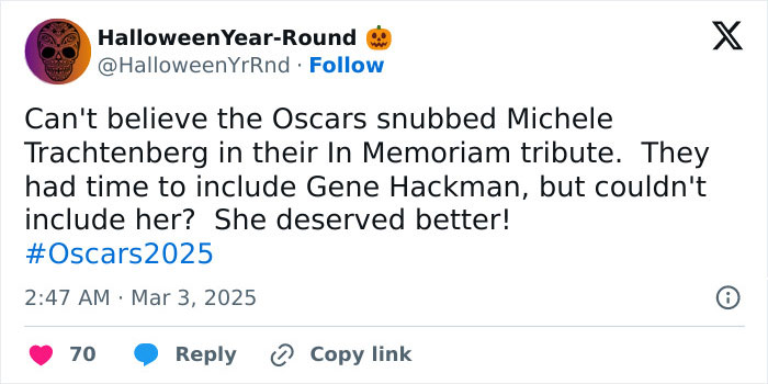 Tweet criticizing Oscars for not including Michelle Trachtenberg in the In Memoriam section.