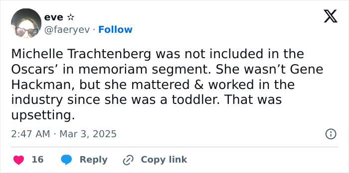 Tweet expressing disappointment over Michelle Trachtenberg's omission from Oscars' in memoriam section.