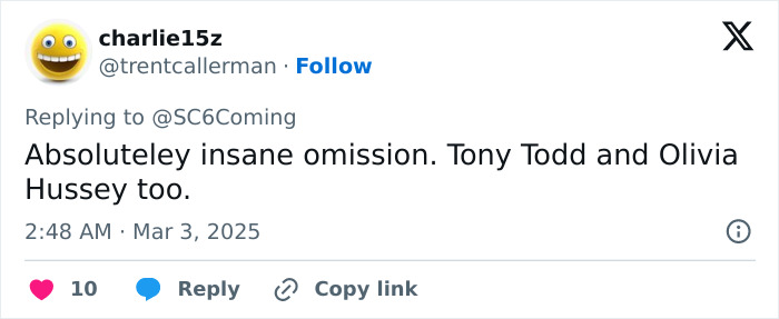 Tweet criticizing Oscars for omission in Memoriam section, mentioning Michelle Trachtenberg.