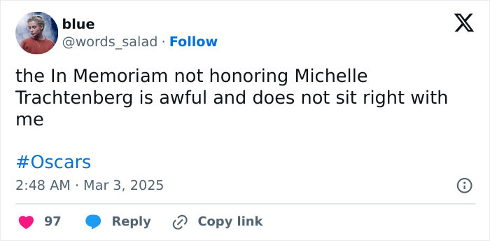 Tweet criticizing the Oscars for omitting Michelle Trachtenberg from the In Memoriam section, shared with hashtag #Oscars.