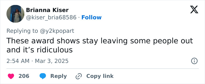 A tweet criticizing Oscars, highlighting "Unforgivable" oversight, with user opinion on exclusion practices in award shows.