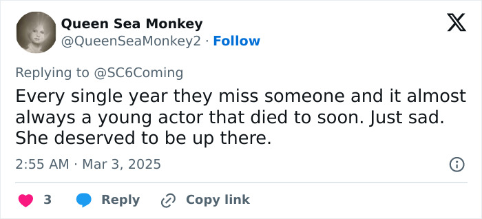 Tweet criticizing Oscars' In Memoriam for omitting Michelle Trachtenberg, with user expressing disappointment.