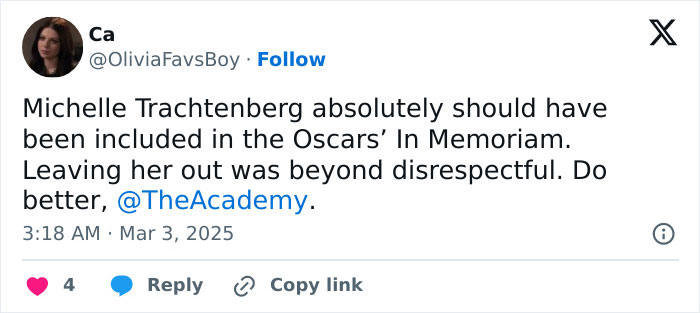 Tweet criticizing Oscars for excluding Michelle Trachtenberg from the In Memoriam section.