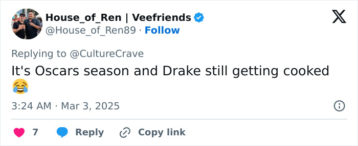 Tweet reacting to controversial Conan O&rsquo;Brien jokes at Oscars, mentioning Drake during Oscars season.