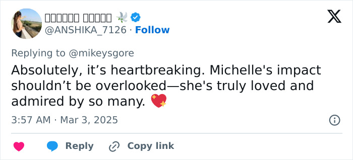 Tweet expressing disappointment at Oscars for omitting Michelle Trachtenberg in Memoriam, highlighting her impact.