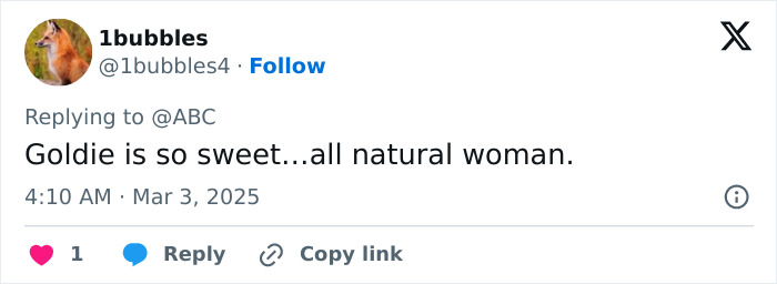 Tweet praising Goldie Hawn's sweetness as an all-natural woman.