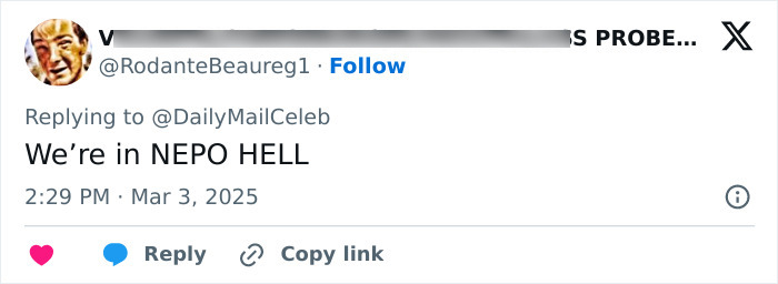 Tweet by user expressing the sentiment "We're in NEPO HELL" regarding nepo babies at Oscars after-party. Tweet by user expressing the sentiment "We're in NEPO HELL" regarding nepo babies at Oscars after-party.
