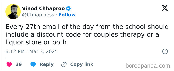 A parent humorously tweets about school emails with a suggestion for a discount code.