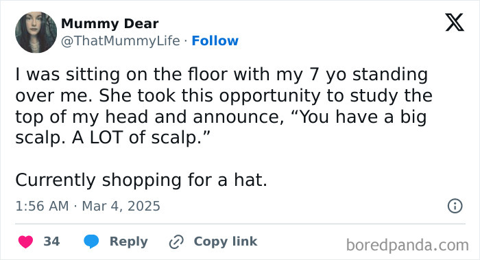 Twitter post by a parent sharing a humorous anecdote about their child's comment on their scalp.
