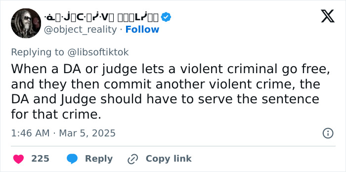 Tweet criticizing lenient prosecutor after teen commits crime, suggesting accountability for the DA and judge.