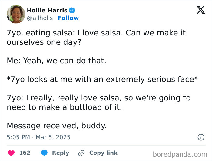 Tweet about a child's love for salsa, shared by a parent, capturing a humorous and relatable moment.