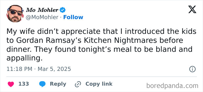 Tweet about kids judging dinner after watching Kitchen Nightmares, shared by a parent in March.