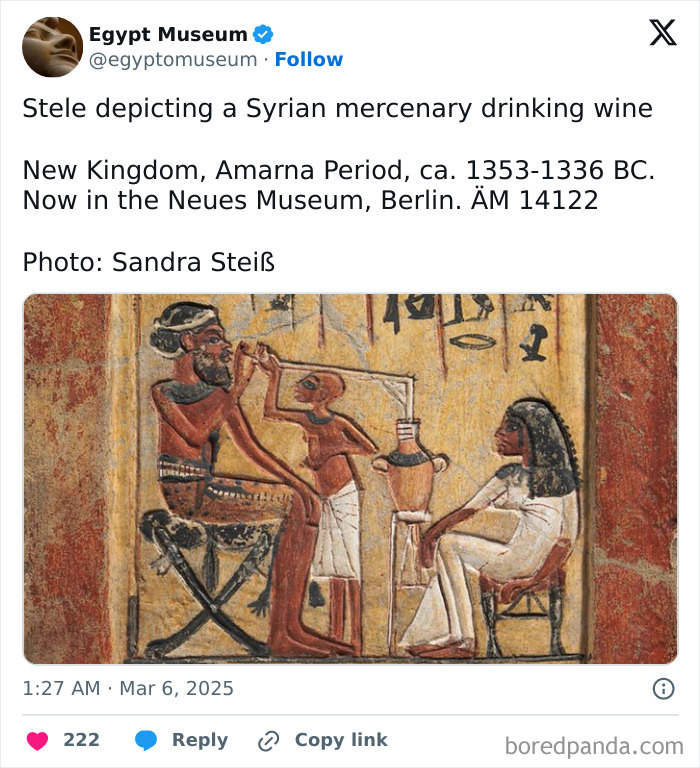 Ancient Egyptian artifact showing Syrian mercenary drinking wine during the New Kingdom's Amarna Period.