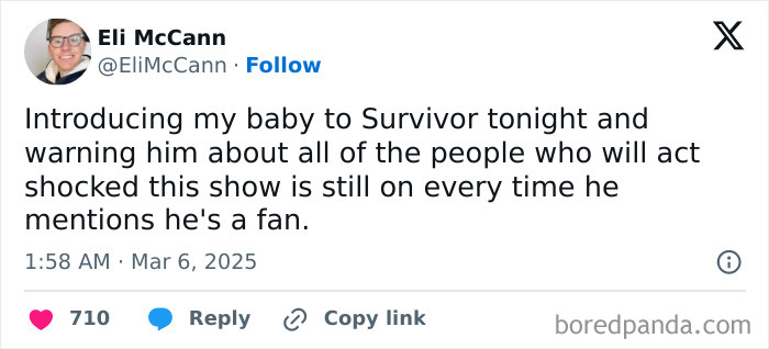 Tweet from a parent introducing their baby to Survivor, highlighting a humorous reaction.