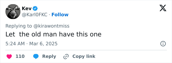 Tweet screenshot about elderly men in nursing homes, stating "Let the old man have this one" with 110 likes.