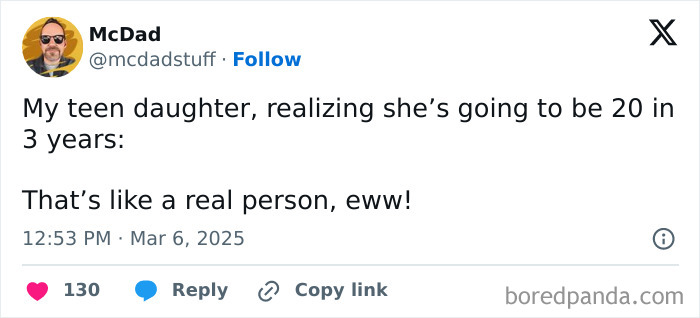 Tweet by a parent about a teen daughter humorously reacting to turning 20 soon.