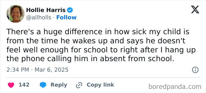 A humorous tweet about a child's varying illness levels, highlighting relatable parenting moments.