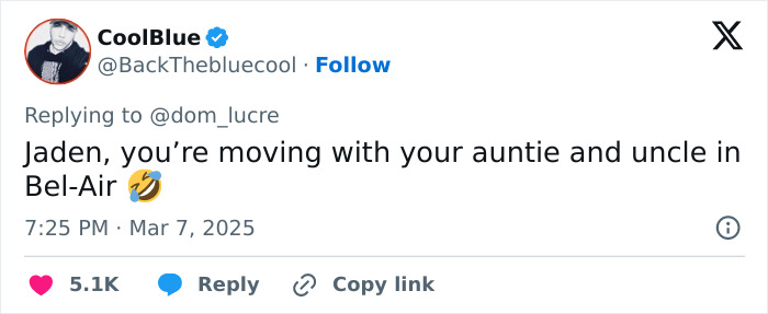 Tweet referencing Jaden with a humorous comment about moving to Bel-Air.