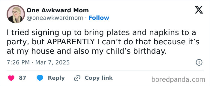 A humorous Twitter post by a parent about hosting a party at their house for their child's birthday.