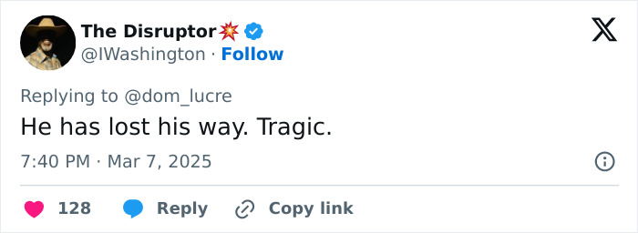 Tweet expressing concern over Jaden's appearance, stating "He has lost his way. Tragic.