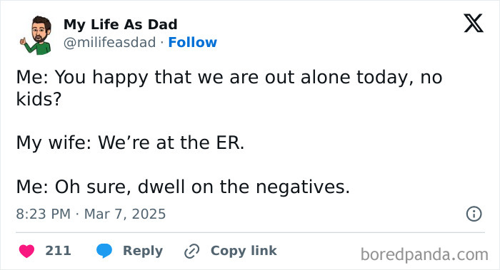 A funny and relatable Twitter post from a parent about an unexpected trip to the ER.