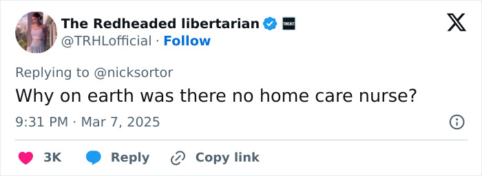 Tweet questioning the absence of a home care nurse related to Gene Hackman's situation. Tweet questioning the absence of a home care nurse related to Gene Hackman's situation.