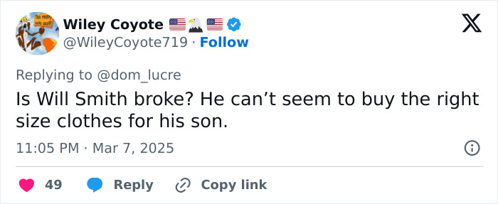 Tweet speculating about Jaden Smith's clothing and Will Smith's finances.