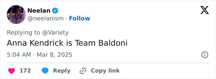 Tweet stating "Anna Kendrick is Team Baldoni," with engagement icons below. Tweet stating "Anna Kendrick is Team Baldoni," with engagement icons below.