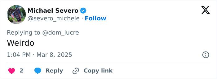 Social media comment calling someone a "Weirdo" in response to a video.