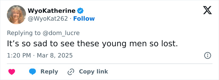 Tweet expressing concern over young men feeling lost.